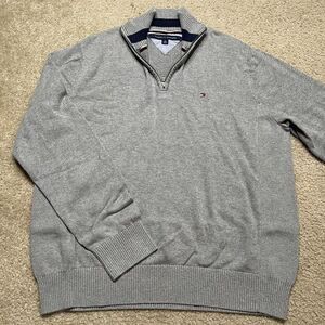 Tommy Hilfiger Sweater Mens XL Grey Quarter Zip Long Sleeve Pullover Adult